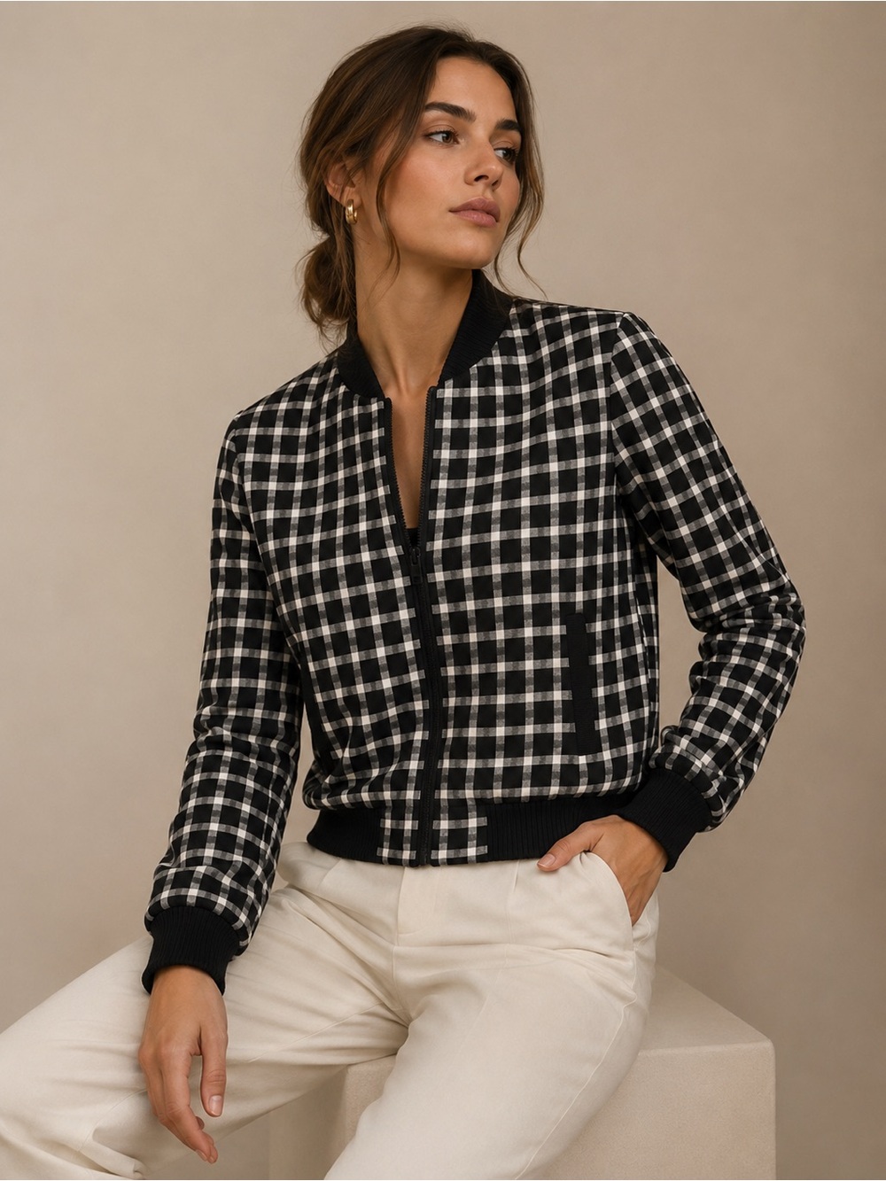 Maje Black & White Check Bomber Jacket